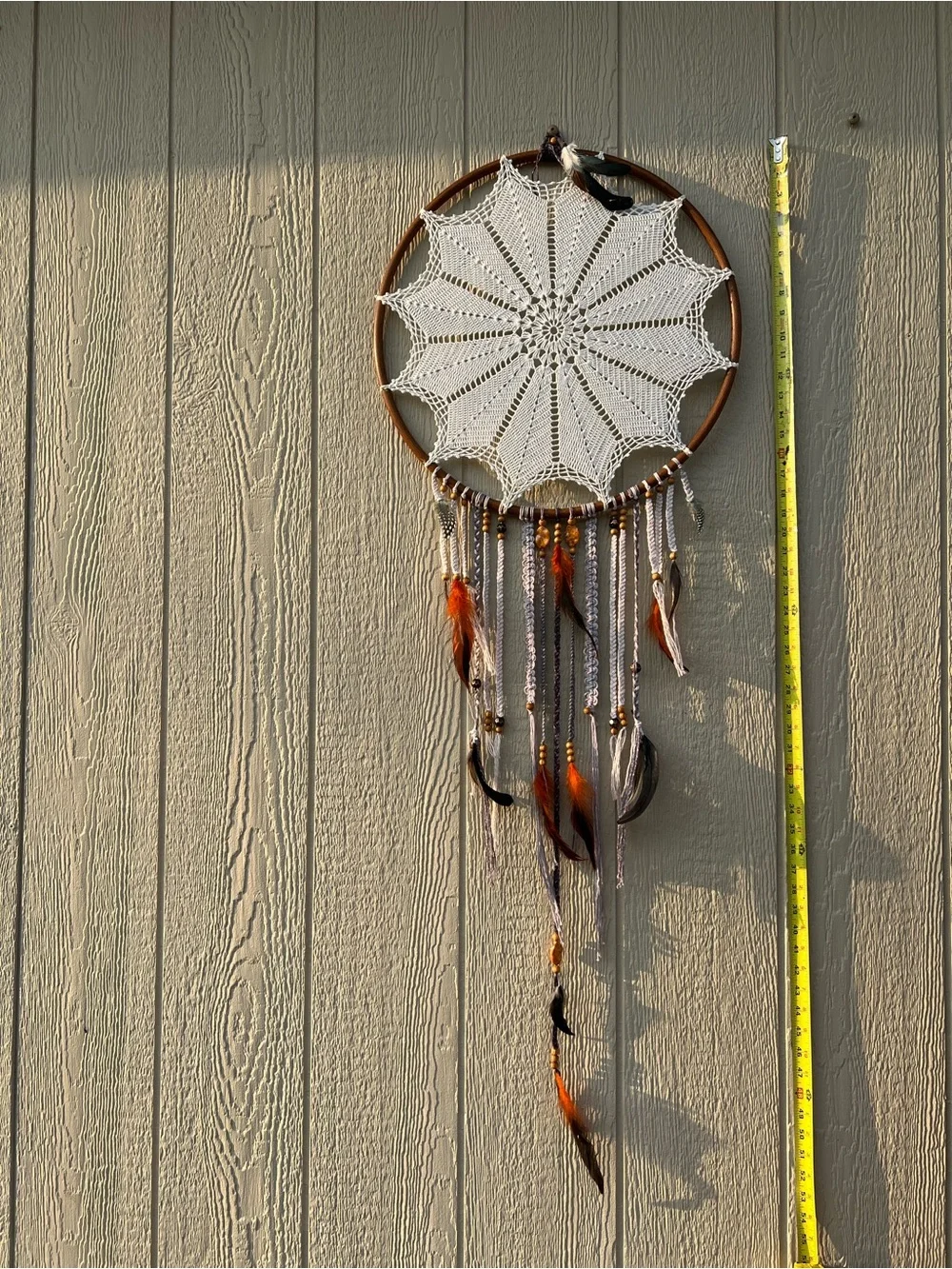 Handmade White Crochet Dreamcatcher Wall Hanging with Brown Hoop Boho Western